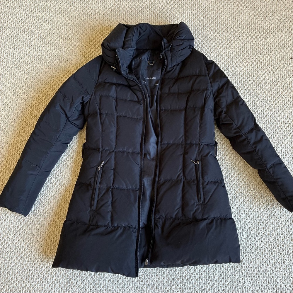 Zara down Black Puffer mid-length Coat jacket parka L